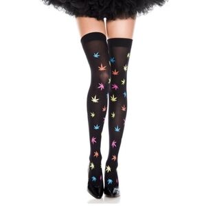 NEW Black Thigh High Tights with Rainbow Pride Pot Leaf Pattern